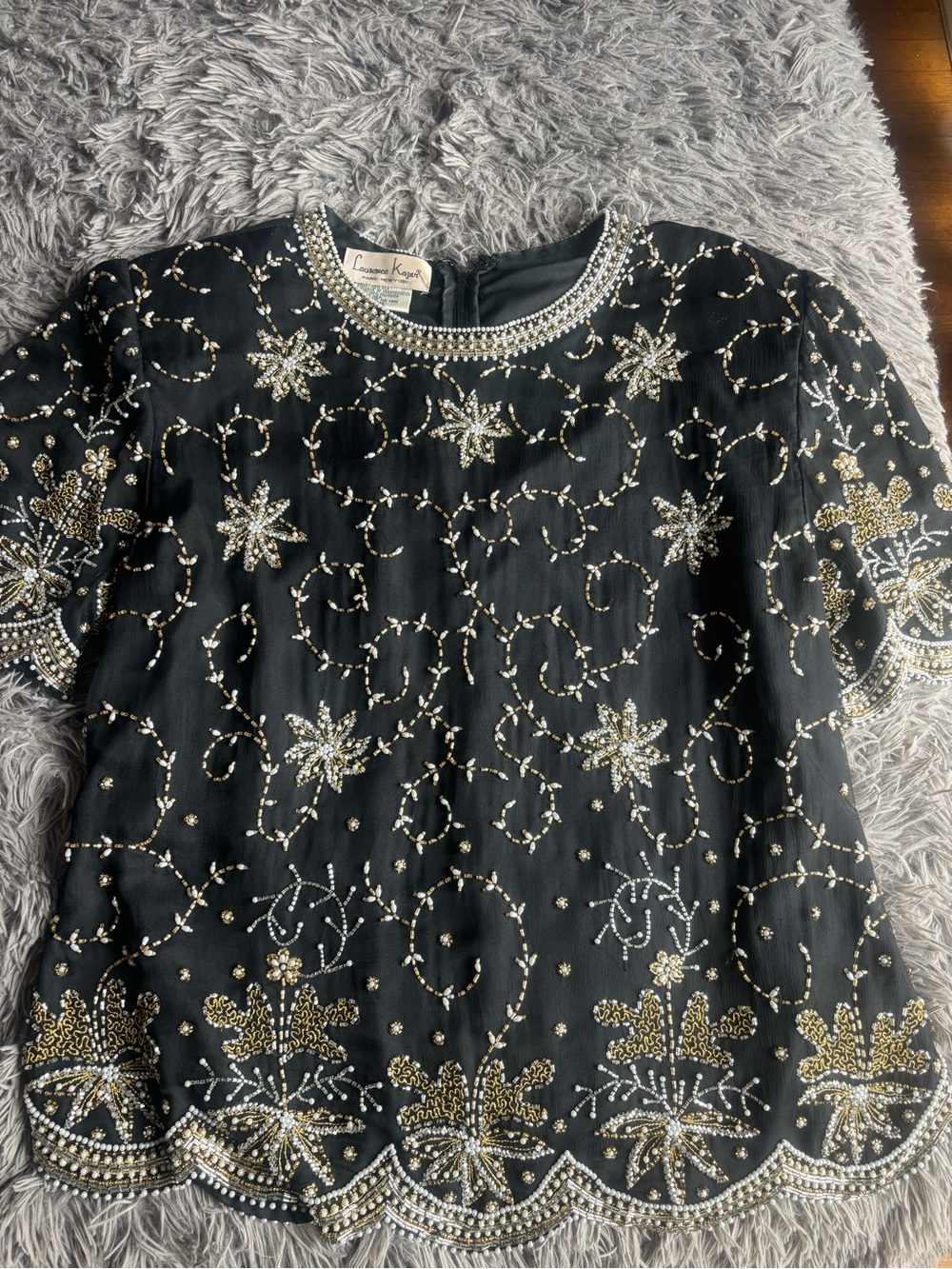 Vintage Embellished Black Beaded Short Sleeve Top